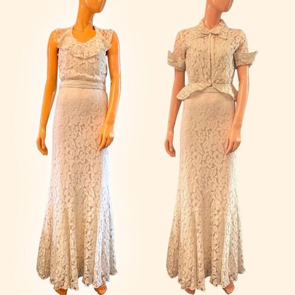 Vintage Dresses & Skirts - 1930s Vintage Ruffled Neck Lace Wedding Gown and Bow Detail Jacket with Slip